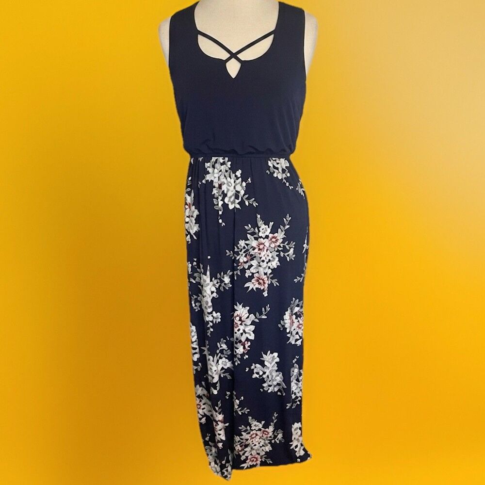 Trixxi Floral Maxi Dress Large L Navy Blue Cross Neck Sleeveless Stretch Casual